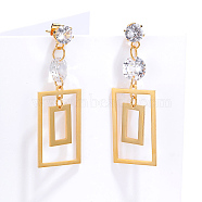 Stainless Steel Dangle Stud Earrings with Cubic Zirconia for Women, Hollow Rectangle, Golden, 45x15mm(US6839)