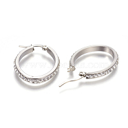 201 Stainless Steel Hoop Earrings, with Polymer Clay Rhinestone, Oval, Crystal, Stainless Steel Color, 32.5x24.5x3.5mm, Pin: 1mm(EJEW-A055-08P)