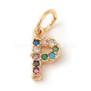 Brass Micro Pave Colorful Cubic Zirconia Charms, Golden, Letter.P, 9x5x2mm, Hole: 3mm(X-ZIRC-F092-01-P)