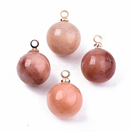 Natural Pink Aventurine Charms, with Golden Plated Brass Loops, Round, 14x10.5mm, Hole: 1.5mm(G-N332-024G-14)
