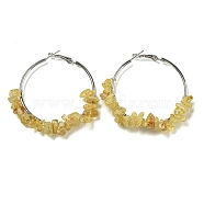 Alloy with Copper Wire Natural Yellow Quartz Hoop Earrings, 60~62x10~13mm(EJEW-Q388-01D)