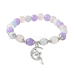 8mm Round Natural Aquamarine & Rose Quartz & Amethyst Beaded Stretch Bracelets, Tibetan Style Alloy Moon with Fairy Charm Bracelets for Women, Inner Diameter: 2-1/4 inch(5.8cm)(BJEW-TA00502)