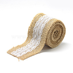 Burlap Ribbon, Hessian Ribbon, Jute Ribbon, with Cotton Ribbons, for Jewelry Making, Tan, 2 inches(50mm), about 2.187yards/roll(2m/roll), 12rolls/bag(OCOR-R071-15)
