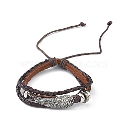 PU Leather & Waxed Cords Triple Layer Multi-strand Bracelets, Braided Adjustable Bracelet Alloy Wing, Coconut Brown, Inner Diameter: 2-3/8~3-1/8 inch(5.9~8cm)(BJEW-G709-05A)