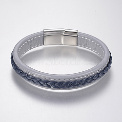 Braided Leather Cord Bracelets, with 304 Stainless Steel Magnetic Clasps, Light Steel Blue, 8-5/8 inch(220mm), 29x14x8mm(BJEW-H561-07B)