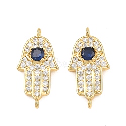 Brass Micro Pave Marine Blue Cubic Zirconia Connector Charms, Hamsa Hand Links, Rack Plating, Long-Lasting Plated, Cadmium Free & Lead Free, Real 18K Gold Plated, 24x12x3.5mm, Hole: 1.2mm(CU-CBAB719-07G-D)