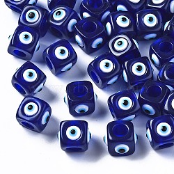 Resin European Beads, Large Hole Beads, Cube with Evil Eye, Dark Blue, 14x14x11mm, Hole: 6mm(RESI-ZX016-06)