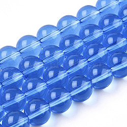 Transparent Glass Beads Strands, Round, Royal Blue, 9.5~10mm, Hole: 1.5mm, about 40~42pcs/strand, 14.76~15.12 inch(37.5~38.4cm)(GLAA-T032-T10mm-04)