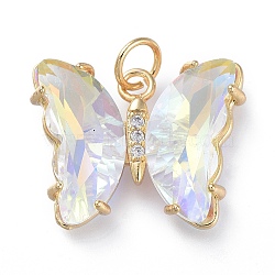 Brass Micro Pave Clear Cubic Zirconia Pendant, with Glass, Butterfly, Golden, Clear AB, 18mm(ZIRC-P079-B02-15)