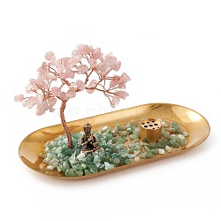 Natural Rose Quartz with Green Aventurine Chips with Brass Incense Burner Holder, with Rose Gold Plated Brass Wires and Buddha, Lucky Tree, 83.5x180x85~100mm(DJEW-G027-19RG-03)