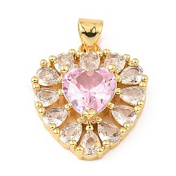 Real 18K Gold Rack Plating Brass Micro Pave Cubic Zirconia Pendants, Long-Lasting Plated, Cadmium Free & Lead Free, Heart Charms, Pink, 19.5x17x5.5mm, Hole: 3x3.8mm(ZIRC-L100-142G-02)