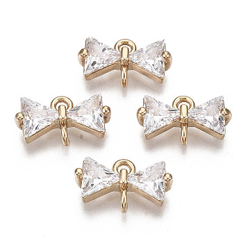 Brass Micro Pave Cubic Zirconia Links Connectors, Bowknot, Long-Lasting Plated, Light Gold, Clear, 7x12x3.5mm, Hole: 1.2mm