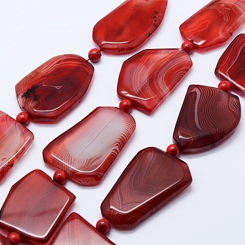Natural Red Agate Beads Strands, Flat Slab Beads, Dyed, Nuggets, 29~48x22~48x5.5~6mm, Hole: 1mm, about 9pcs/strand, 15.7 inch(40cm)