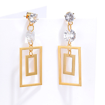 Stainless Steel Dangle Stud Earrings with Cubic Zirconia for Women, Hollow Rectangle, Golden, 45x15mm