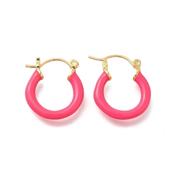Brass Enamel Hoop Earrings for Women, Flat Round, Light Gold, Deep Pink, 20x19.5x4mm, Pin: 0.8mm