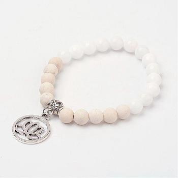 Natural White Jade(Dyed) Beads & Weathered Agate Beads Stretch Bracelets, with Tibetan Style Lotus Pendants, White, 2 inch(53mm)