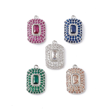 Rack Plating Brass Micro Pave Cubic Zirconia Pendants, Rectangle Charm, Cadmium Free & Lead Free, Long-Lasting Plated, Mixed Color, Platinum, 17x10x4mm, Hole: 1mm