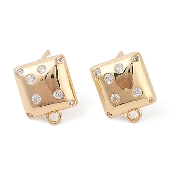 Brass Pave Clear Cubic Zirconia Stud Earring Findings, with Loop, Real 14K Gold Plated, 13x11mm, Hole: 1.6mm, Pin: 0.8mm