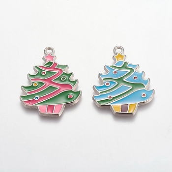 Alloy Enamel Pendants, Cadmium Free & Lead Free, Christmas Tree, Mixed Color, Platinum, about 37.5mm long, 29mm wide, 2mm thick, hole: 2mm