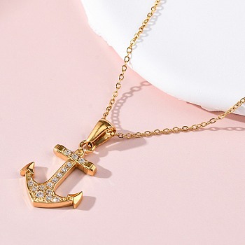 304 Stainless Steel Crystal Rhinestone Anchor Pendant Necklaces, Golden, 17.72 inch(45cm),