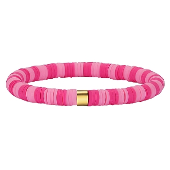 Polymer Clay Heishi Surfer Stretch Bracelet with 304 Stainless Steel Beaded, Preppy Bracelet, Flamingo, Inner Diameter: 2 inch(5.2cm)