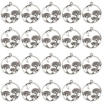 60Pcs Tibetan Style Alloy Pendants, Ring with Mushroom & Moon Charm, Antique Silver, 27.5x23.5x3mm, Hole: 1.6mm