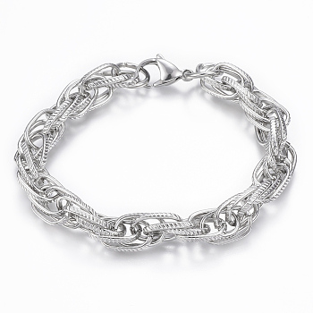 304 Stainless Steel Rope Chain Bracelets, with Lobster Claw Clasps, Stainless Steel Color, 7-1/2 inchx3/8 inchx1/8 inch(190x8x1.5mm)