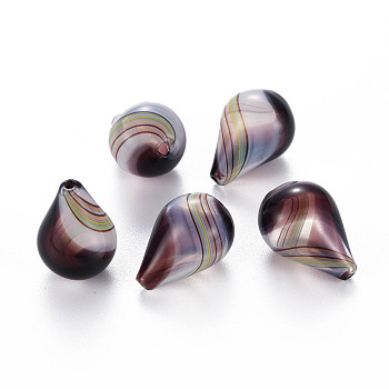 Transparent Handmade Blown Glass Globe Beads, Stripe Pattern, Teardrop, Coconut Brown, 19.5~21x14~15mm, Hole: 1~2mm