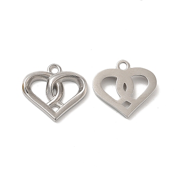 304 Stainless Steel Pendants, Heart Charm, Stainless Steel Color, 15x16x2.5mm, Hole: 1.6mm