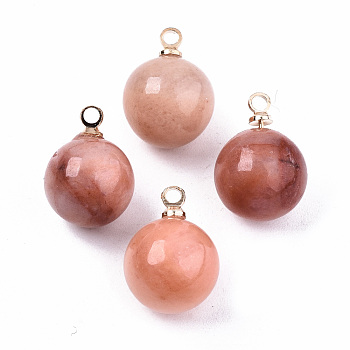 Natural Pink Aventurine Charms, with Golden Plated Brass Loops, Round, 14x10.5mm, Hole: 1.5mm