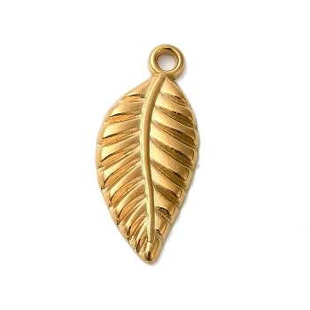 Ion Plating(IP) 304 Stainless Steel Pendants, Leaf Charm, Real 18K Gold Plated, 24x10.5x2mm, Hole: 1.8mm