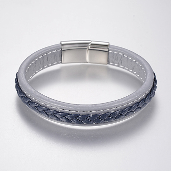 Braided Leather Cord Bracelets, with 304 Stainless Steel Magnetic Clasps, Light Steel Blue, 8-5/8 inch(220mm), 29x14x8mm