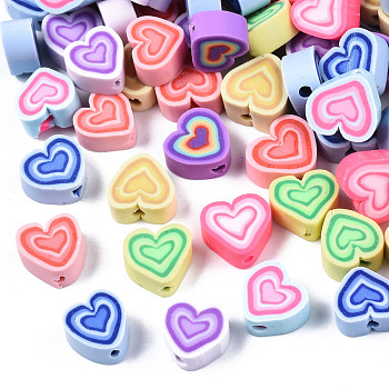 Handmade Polymer Clay Beads, Heart, Mixed Color, 8~10x9~10.5x4~5mm, Hole: 1.2mm