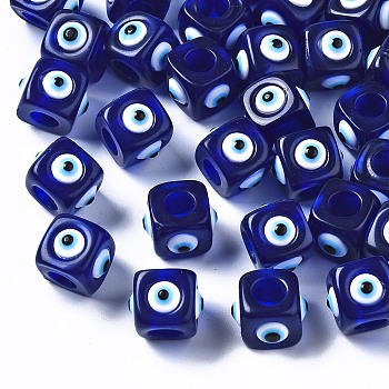 Resin European Beads, Large Hole Beads, Cube with Evil Eye, Dark Blue, 14x14x11mm, Hole: 6mm