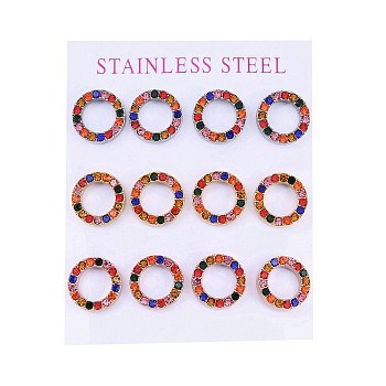 PVD Vacuum Plating 304 Stainless Steel Stud Earrings, with Rhinestone, Ring, Mixed Color, 13mm, 12pcs/set