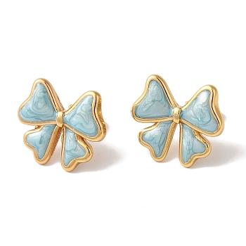 Bowknot Golden Ion Plating(IP) 304 Stainless Steel Stud Earrings for Women, with Enamel, Light Blue, 16x18mm