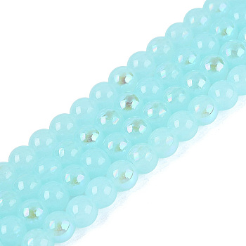 Electroplate Imitation Jade Glass Beads Strands, Round, Rainbow Plated, Half Plated, Pale Turquoise, 6~6.5mm, Hole: 0.8~1mm, about 67~72pcs/strand, 14.57~15.35 inch(37~39cm)