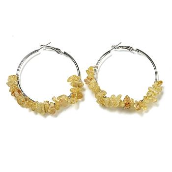 Alloy with Copper Wire Natural Yellow Quartz Hoop Earrings, 60~62x10~13mm