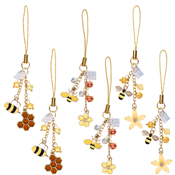 6Pcs 3 Styles Bees Alloy Enamel & Glass Mobile Straps, Bees, Yellow, 108~115mm, 2pcs/style