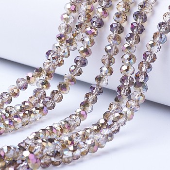 Electroplate Transparent Glass Beads Strands, Half Plated, Faceted, Rondelle, Rose Gold Plated, 3x2mm, Hole: 0.8mm, about 150~155pcs/strand, 15~16 inch(38~40cm)