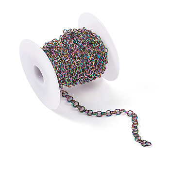 Vacuum Plating 304 Stainless Steel Rolo Chains, Belcher Chain, with Spool, Soldered, Rainbow Color, 5x5x0.9mm, 5m/roll