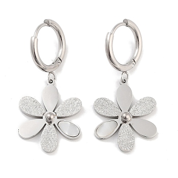 Texture Flower 304 Stainless Steel Shell Dangle Earrings, Hoop Earrings for Women, Stainless Steel Color, 36x16.5mm