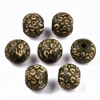 Painted Natural Wood Beads, Laser Engraved Pattern, Round with Leopard Print, Dark Olive Green, 10x8.5mm, Hole: 2.5mm