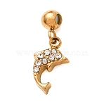 304 Stainless Steel Micro Pave Clear Cubic Zirconia Pendants, with Silicone inside, Dolphin Charms, Golden, 17mm, Hole: 0.6mm(CU-CBAB6EC-10G-02)