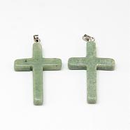 Natural Jade Gemstone Pendants, with Brass Findings, Cross, 38~40x25~26x5~6mm, Hole: 5x2mm(G-Q469-04)