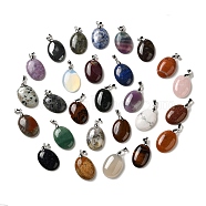 Natural & Synthetic Mixed Gemstone Pendants, Oval Charms with Rack Plating Platinum Plated Brass Snap on Bails, Mixed Dyed and Undyed, 30x21.5~22x6~6.5mm, Hole: 6x4mm(G-Z055-03P)