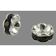 Brass Rhinestone Spacer Beads, Grade A, Wavy Edge, Silver Color Plated, Rondelle, Jet, 6x3mm, Hole: 1mm(X-RB-A014-L6mm-02S)