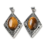 Natural Tiger Eye Big Pendants, Antique Silver Plated Alloy Rhombus Charms, 52x33.5x12mm, Hole: 7.5x5.5mm(G-Z050-08C)