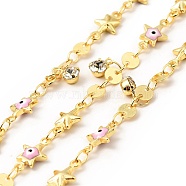 Enamel Star with Evil Eye & Brass Flat Round Link Chains, with Clear Glass Charms, Soldered, with Spools, Real 18K Gold Plated, Pink, 11x6x2.7mm, 10.5x5.5x2.3mm(CHC-C003-01G-01)