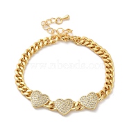 Brass Micro Pave Clear Cubic Zirconia Triple Heart Cuban Link Chains Bracelets for Women, Real 16K Gold Plated, 7 inch(17.7cm), Single Heart: 11.5x11.5x2.5mm(BJEW-M322-05G-B)